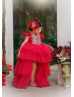 Cap Sleeves Gold Lace Red Tulle High Low Flower Girl Dress